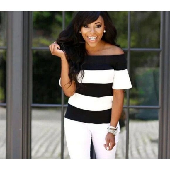 LOFT Tops - LOFT  Top  S  Off Shoulder Striped Knit  Black  White Nautical